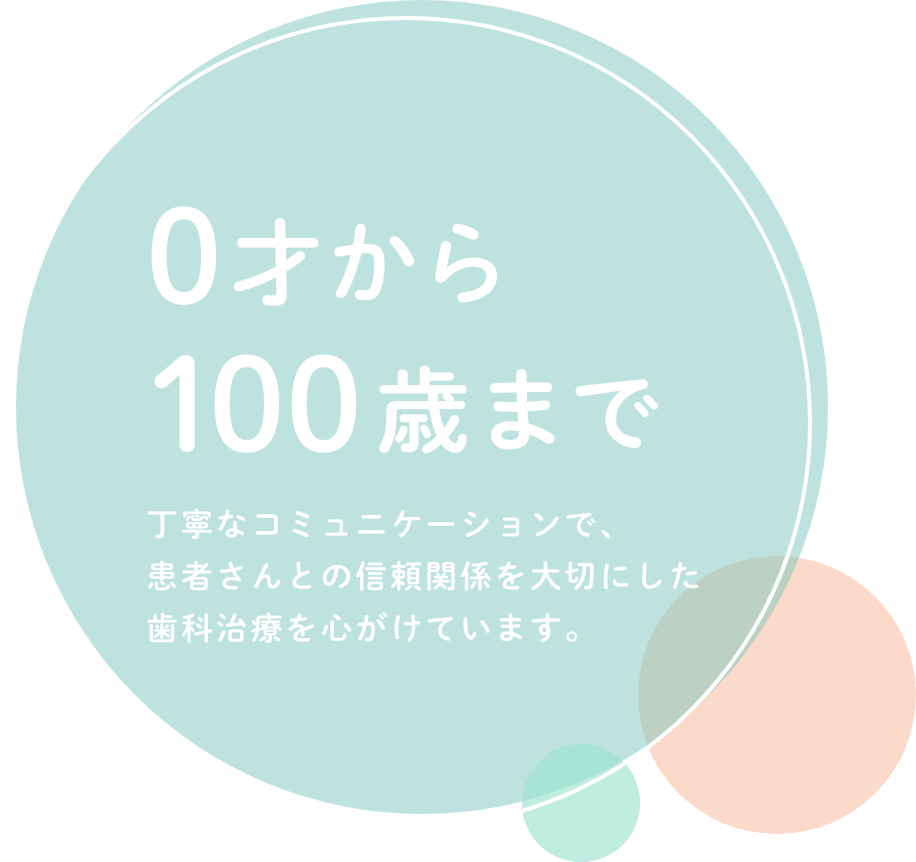 0才から100歳まで 丁寧なコミュニケーションで、患者さんとの信頼関係を大切にした歯科治療を心がけています。